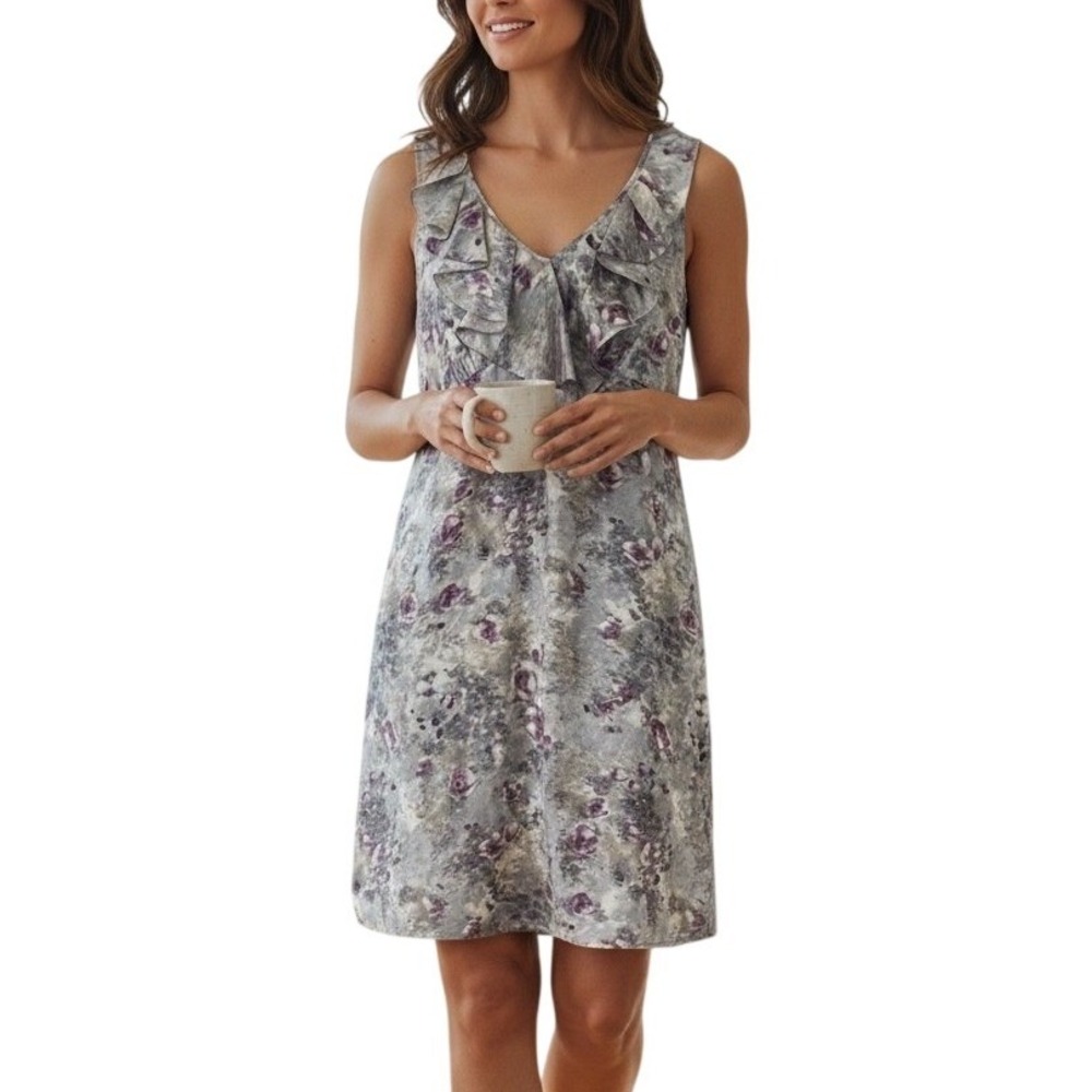 Ann Taylor LOFT Floral Ruffle Shift Dress Womens‎ 00P Grey Purple Watercolor